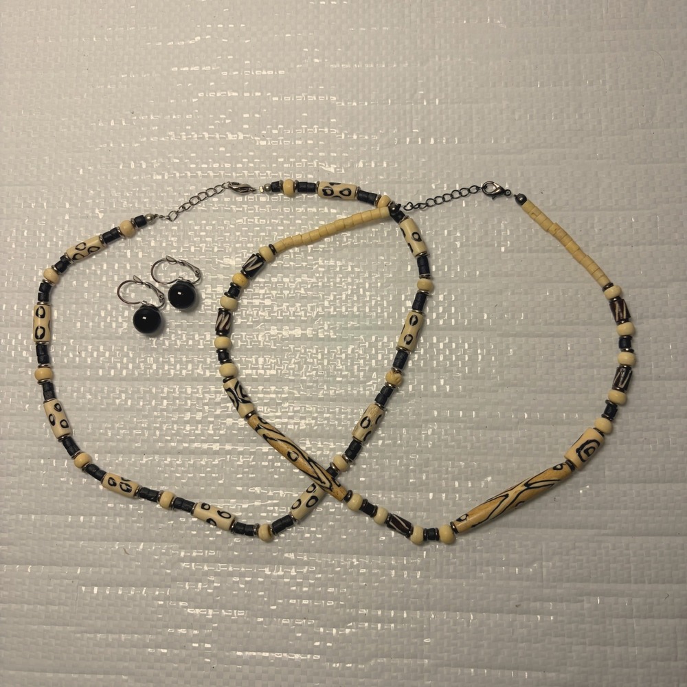 Batik Painted Bone Bead Necklace Set with Black Lever Back Earrings 3pc Tribal